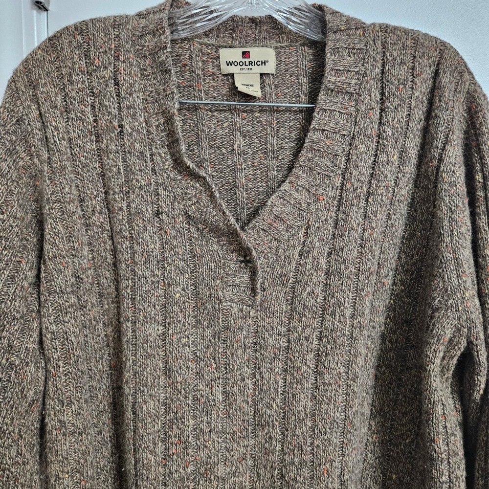Woolrich Sweater Womens XL‎ Brown Hickory Heather V-Neck Ribbed Ramie Wool Blend